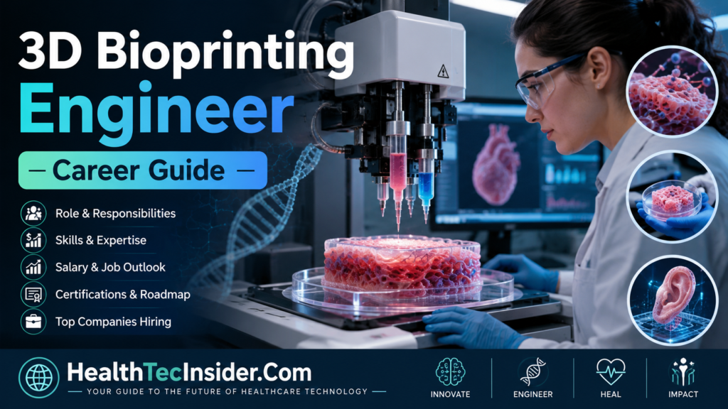 3D Bioprinting Engineer Career Guide showing a biomedical engineer working with a 3D bioprinter, bioink, tissue model and advanced healthcare technology
