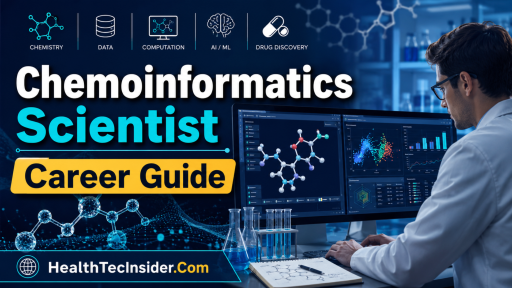 Chemoinformatics Scientist Career Guide showing molecular structures, chemical data, AI drug discovery and computational research