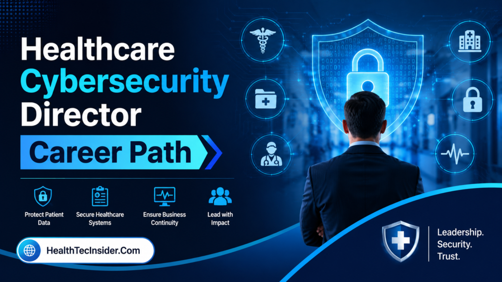 Healthcare Cybersecurity Director career guide showing cybersecurity leadership, healthcare data protection, security operations and career roadmap
