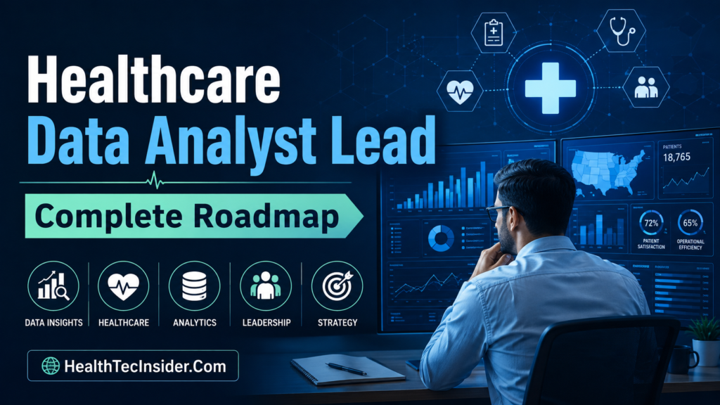Healthcare Data Analyst Lead career guide showing healthcare analytics dashboards, medical data visualization and data professionals