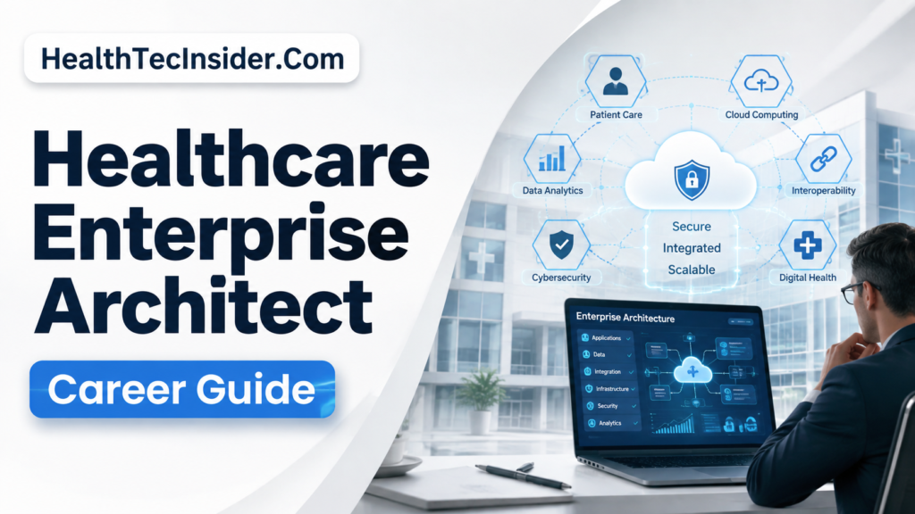 Healthcare Enterprise Architect career guide showing enterprise healthcare technology, cloud systems, data architecture, interoperability and digital health infrastructure