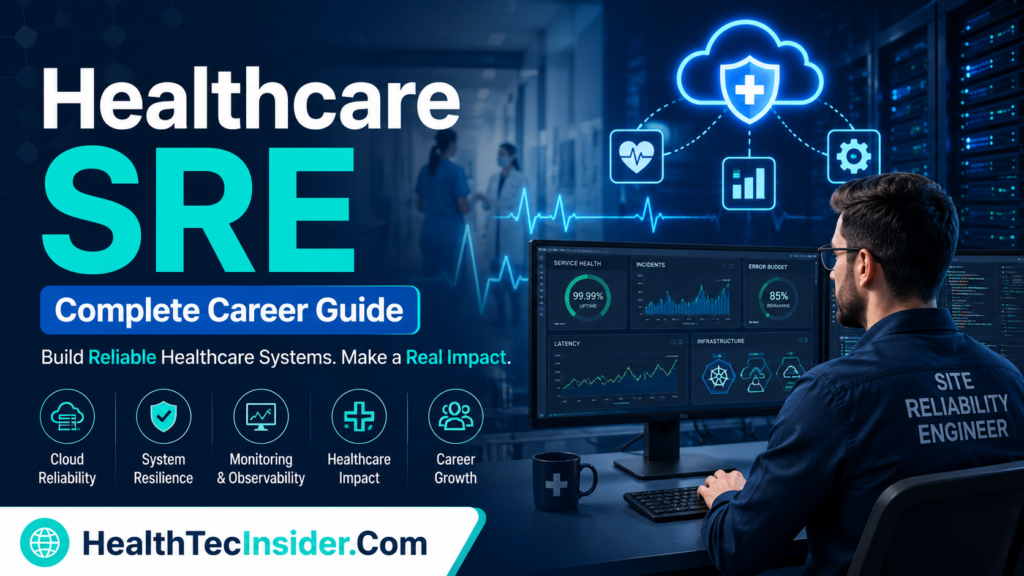 Healthcare Site Reliability Engineer career guide showing cloud infrastructure, healthcare technology, monitoring and reliability engineering