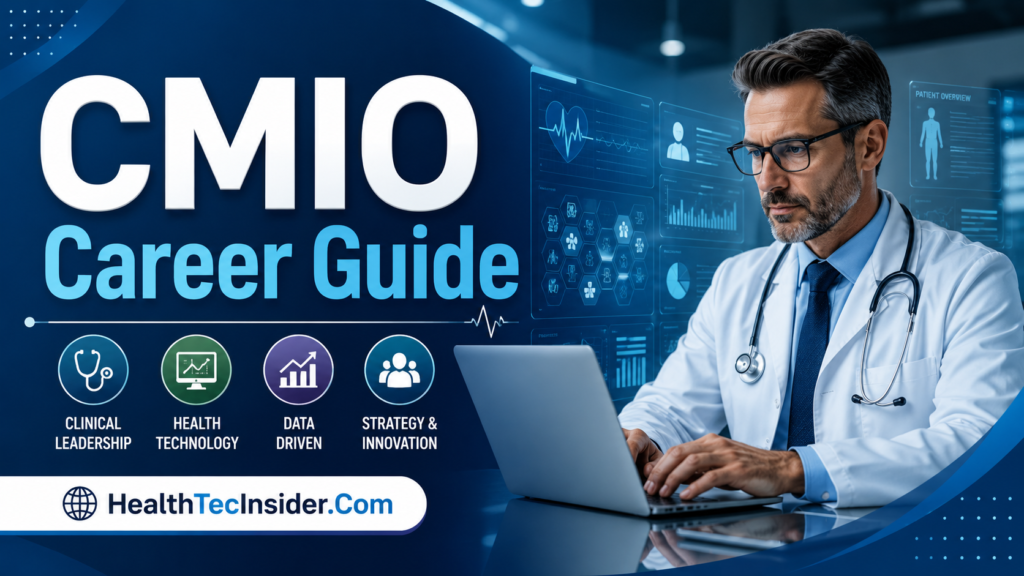 Chief Medical Information Officer CMIO career guide showing healthcare technology, EHR, clinical informatics and executive leadership