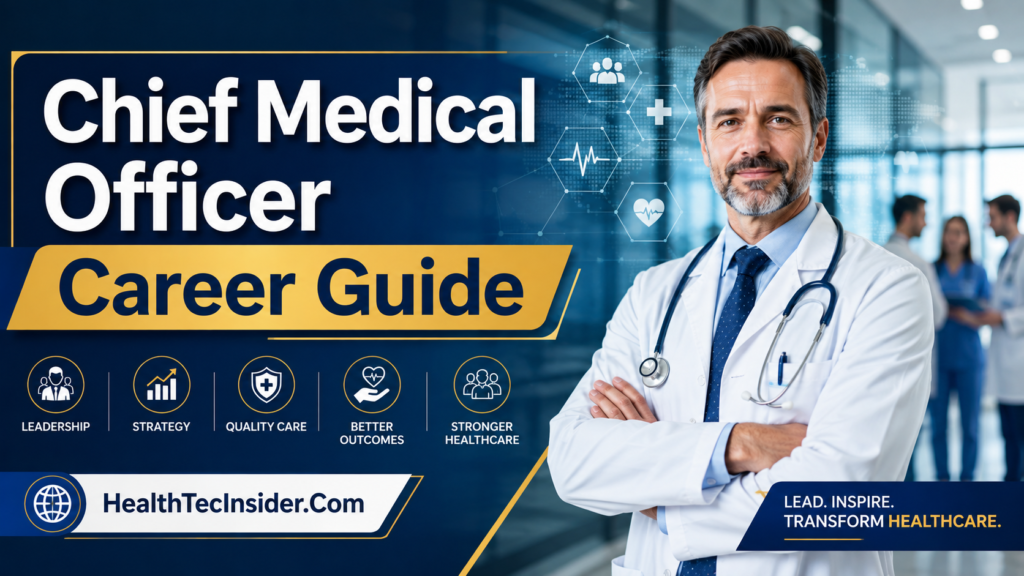 Healthcare Chief Medical Officer CMO career guide showing physician executive leadership, healthcare strategy and clinical management
