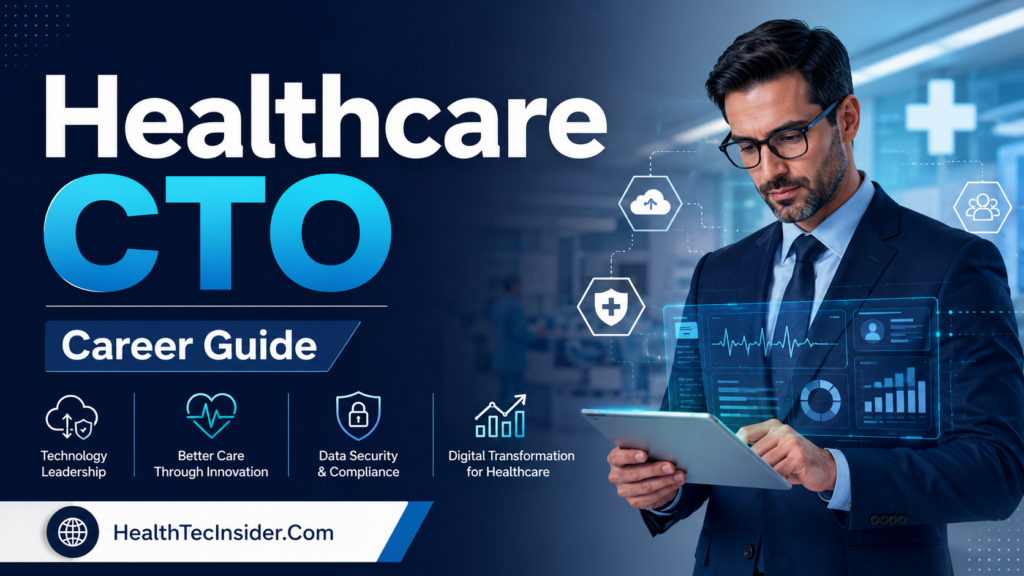 Healthcare Chief Technology Officer CTO career guide showing healthcare technology leadership, AI, cloud computing and digital health strategy